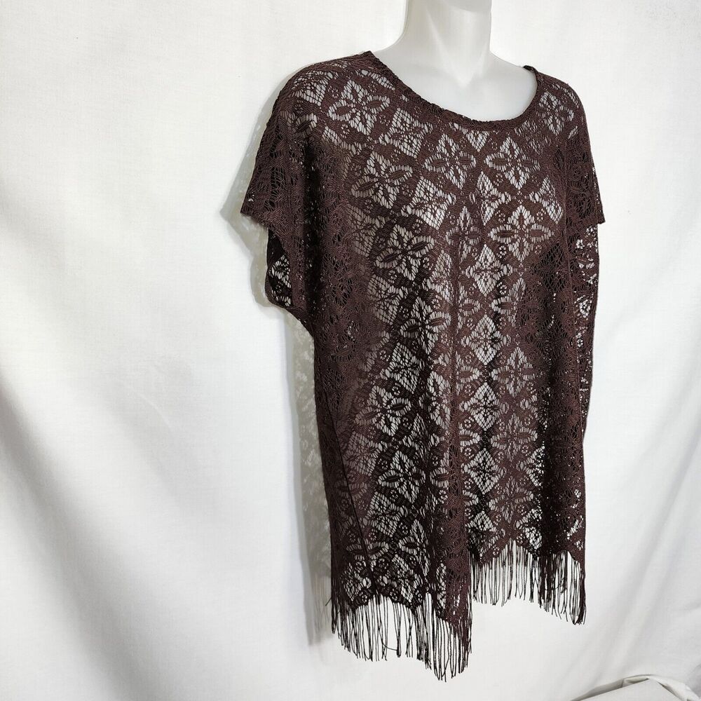 Chico's Womens Top Size 2 Large Brown Crochet Short Cap Sleeve Fringe Trim Sheer - Picture 3 of 11